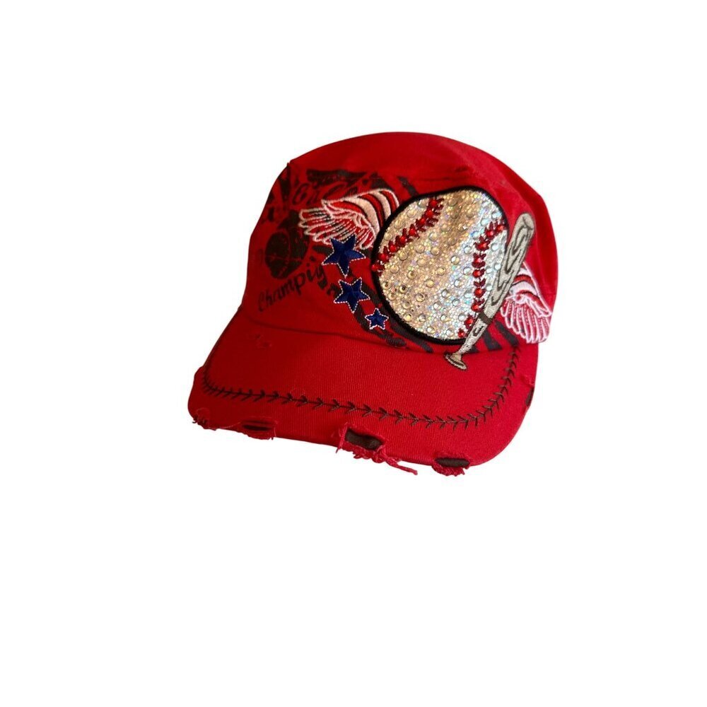 Leader Red Baseball Cap With Embroidered "Baseball Champions" & Rhinestone Detai